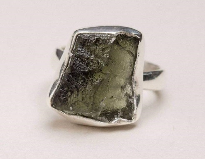 List Popular Gemstones Moldavite ring uncut in Sterling Silver