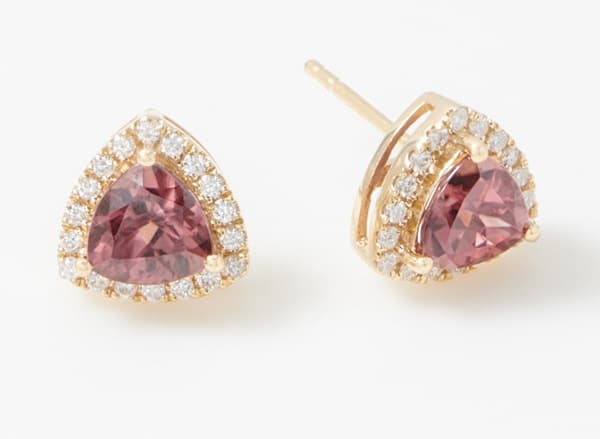 Pink Gemstones List Pink zircon Trillion-Cut 14K Gold stud earrings