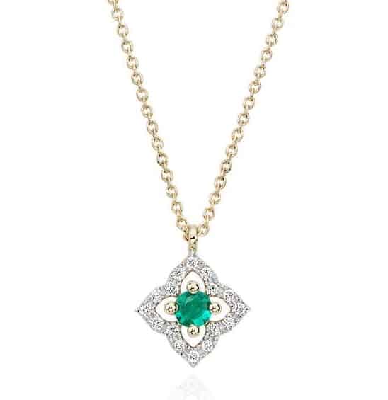 Petite Emerald and Diamond Floral Pendant in 14k yellow gold