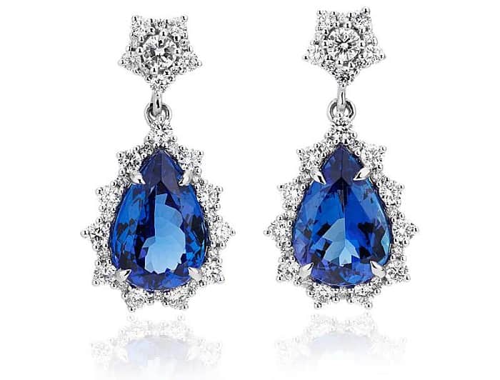 Blue Gemstones tanzanite earrings with Diamond Sunburst Halo in 18k White Gold
