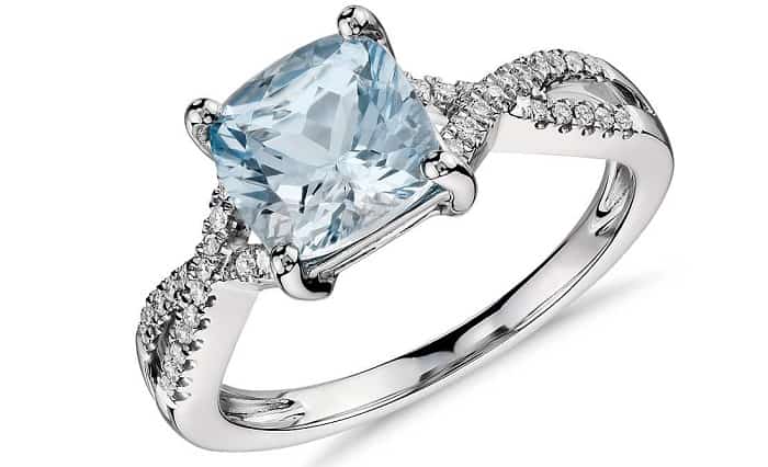 March birthstones aquamarine and Diamond Infinity Twist engagement ring in 14k White Gold Rhodium Plated