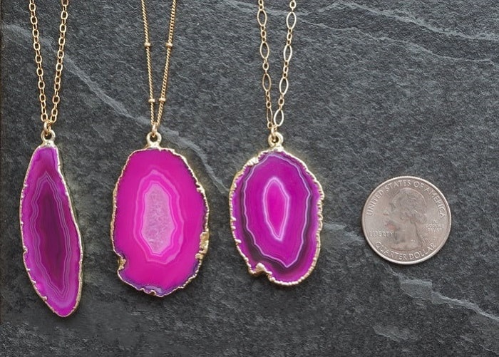 pink agate pendant with gold plated chain