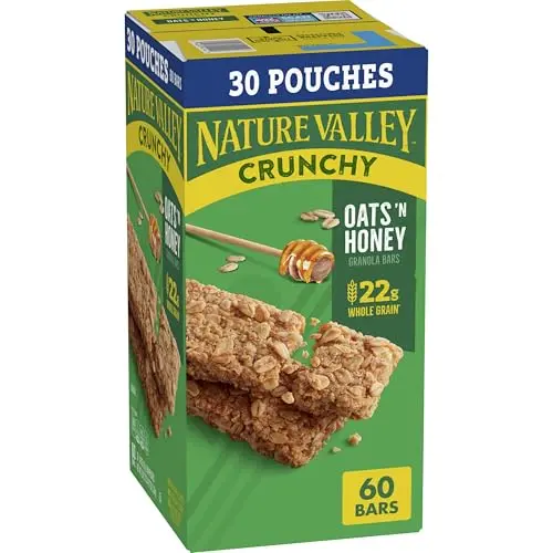 Nature Valley Crunchy Granola Bars Oats 'n Honey in a large box with two-bar pouches