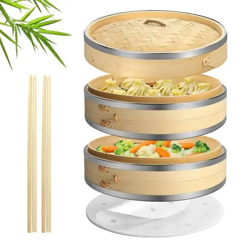 Flexzion bamboo steamer basket with stainless steel banding and liners
