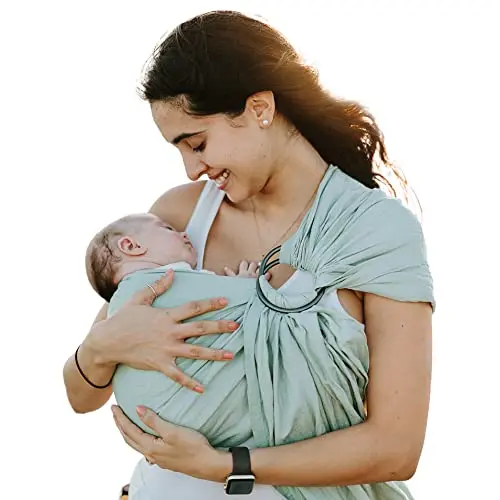 Nalakai Luxury Ring Sling in Light Sea Green color, showing the linen-blend fabric and tail that can be used as a nursing cover.