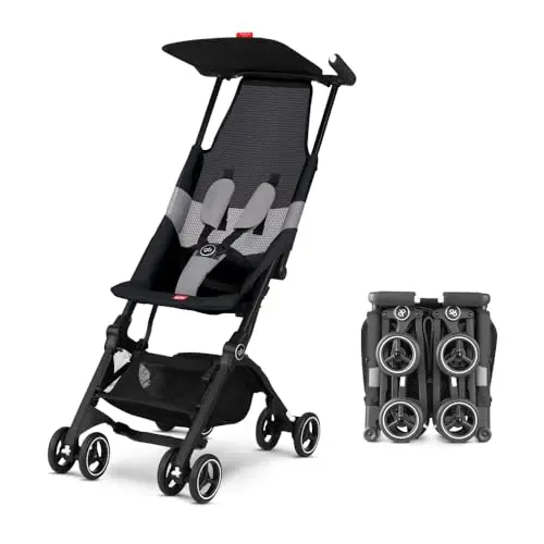 GB Pockit Air All Terrain stroller in black, shown folded to a very small size