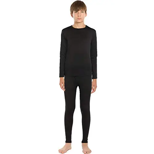 ViCherub kids thermal underwear set in black, showing the shirt and pants laid flat