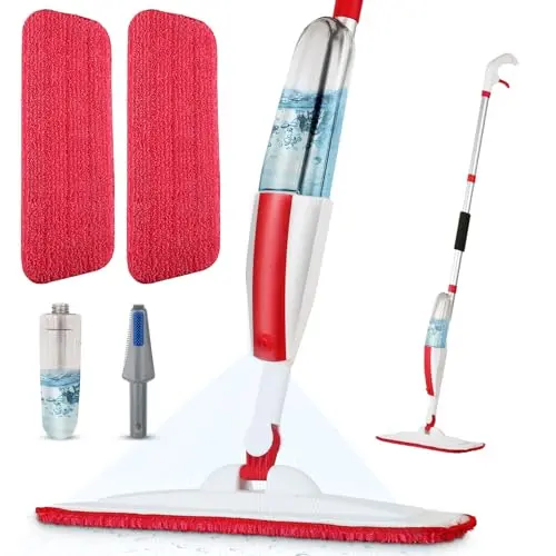 Panda Grip red spray mop with a sturdy pole cleaning tile-look laminate