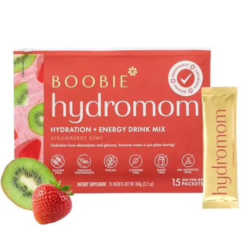 Boobie Hydromom Superfood Electrolyte Drink Mix packets in Strawberry Kiwi flavor