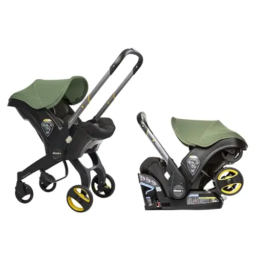 Doona Car Seat and Stroller in Desert Green color, shown transforming from a car seat to a stroller.