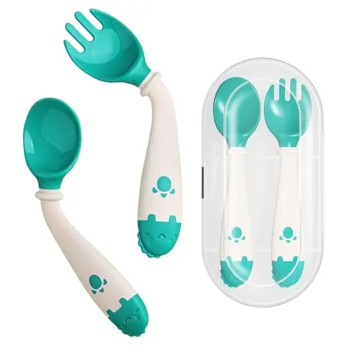 Deejoy toddler fork and spoon set with bendable handles in a green case