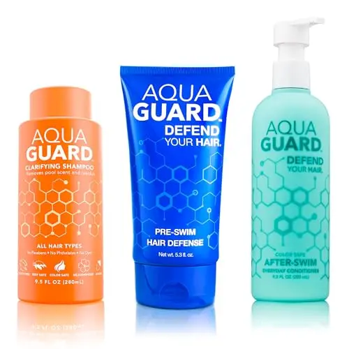 AQUA GUARD hair protection bundle including pre-swim cream, shampoo, and conditioner