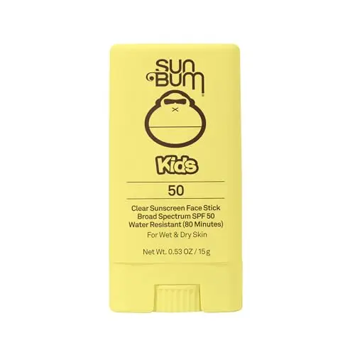 Sun Bum Kids SPF 50 Clear Face Stick Sunscreen on a beach towel