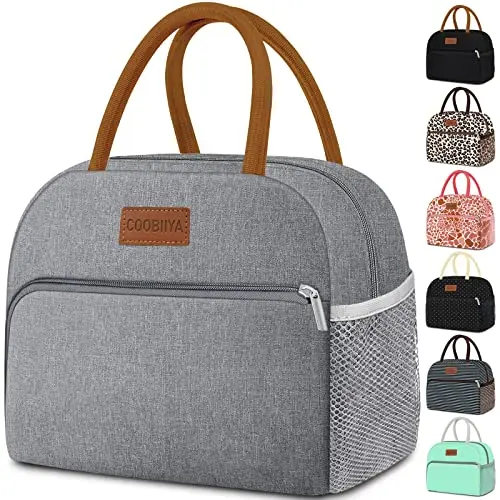 Grey Coobiiya rectangular lunch tote with front zipper pocket and side mesh.
