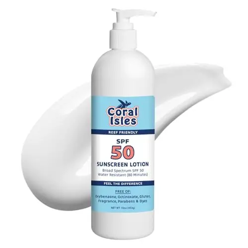 Coral Isles SPF 50 sunscreen bottle, reef-safe and fragrance-free