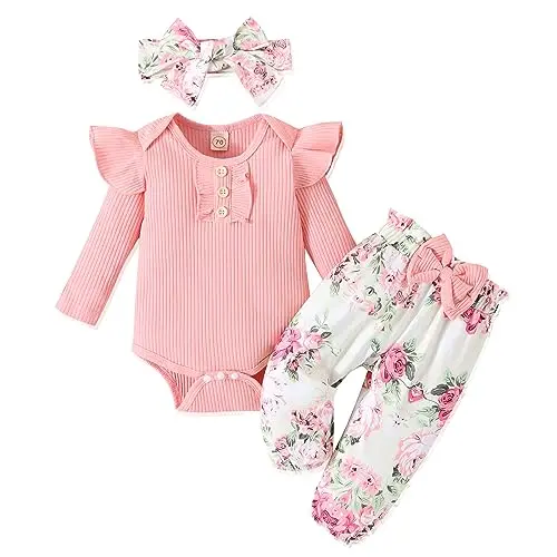 GDTOGRT baby girl pink outfit set with ruffle sleeve romper, floral pants, and headband