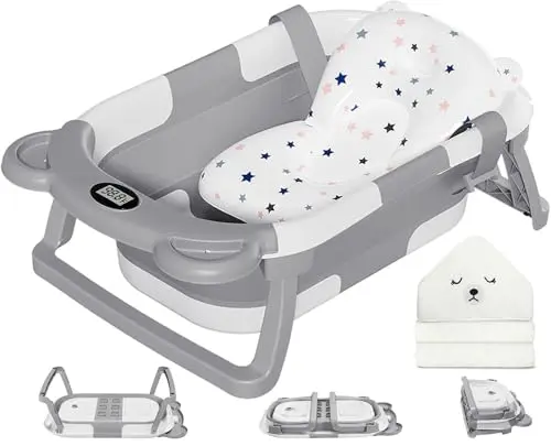 MoreFeel grey collapsible baby bathtub with thermometer display and included hooded towel