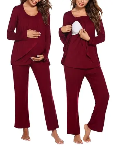 Ekouaer Maternity Nursing Pajama Set in wine red, featuring a long sleeve top and pants with pockets.