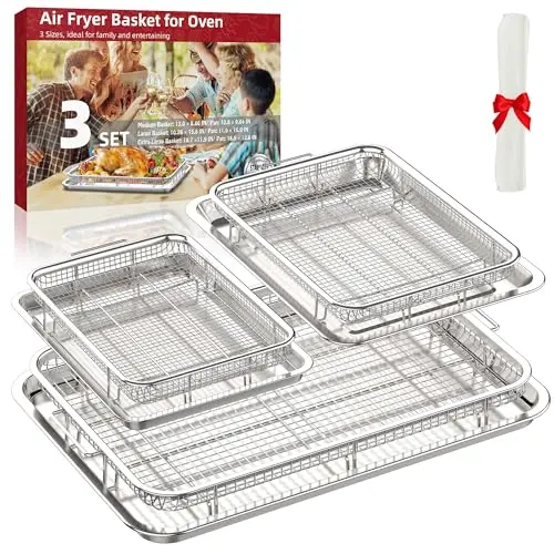 OPENICE 3-set stainless steel air fryer baskets and trays in three different sizes