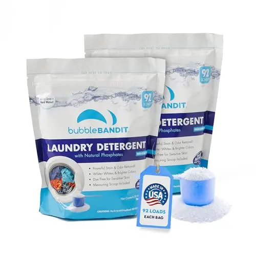 Bubble Bandit laundry detergent powder with a scoop in a pack of two