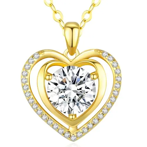 HEART pendant gold necklace with moissanite and 'I LOVE YOU' engraving