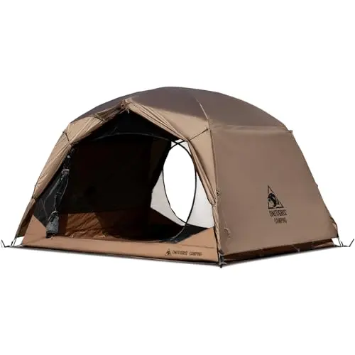 OneTigris JOVIAN 4-person dome tent in coyote brown, set up in a forest clearing.