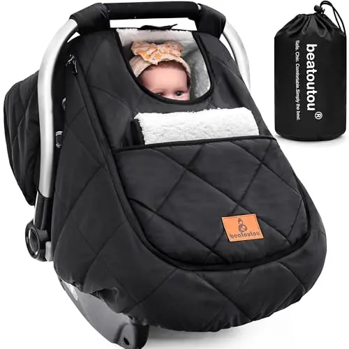 beatoutou black waterproof infant car seat canopy with side air vents and thick fleece lining.