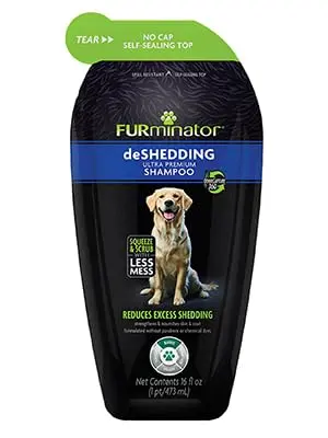 FURminator DeShedding Shampoo in a squeezable, spill-resistant pouch