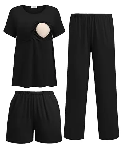 Ekouaer 3-piece postpartum nursing pajama set with shorts and pants