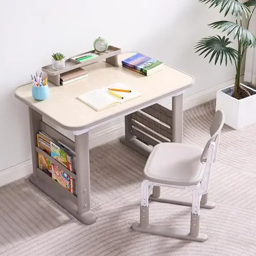 GITAWUSA grey kids desk and chair set with side bookshelves and a large, wipeable desktop.