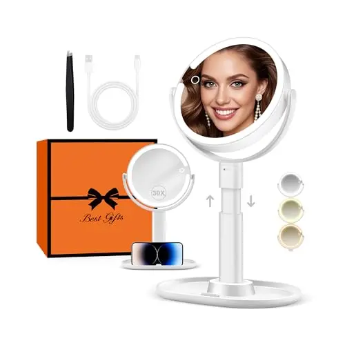 B Beauty Planet 30X lighted makeup mirror with storage base and phone holder
