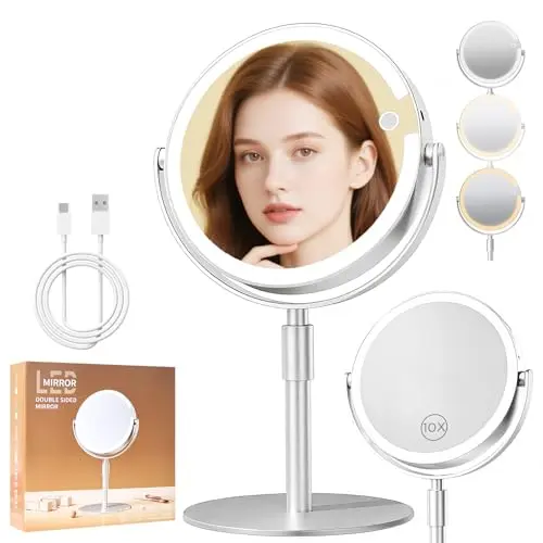 FRANO silvery round lighted makeup mirror with adjustable height stand