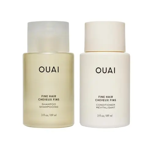 OUAI fine hair travel shampoo and conditioner bottles