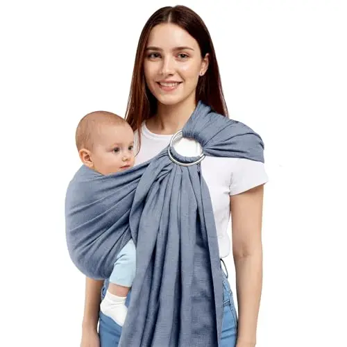 Shiaon Baby Ring Sling in Blue, showing its lightweight cotton fabric and compact, folded design.