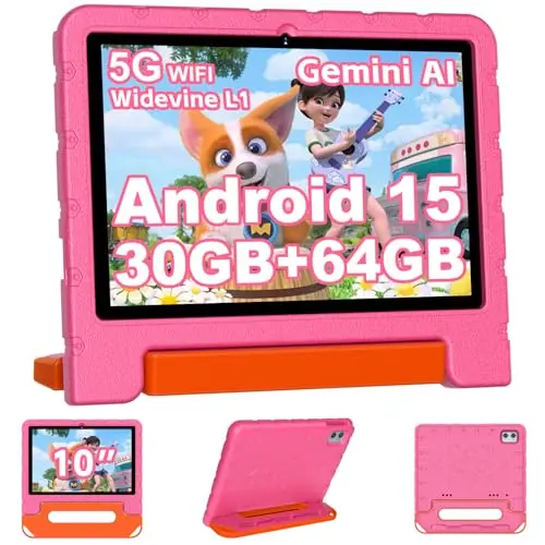 ZIOVO pink kids tablet with shockproof case, showcasing its AI features