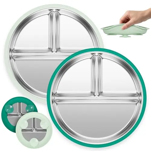 Two teal divided stainless steel plates with a silicone suction base
